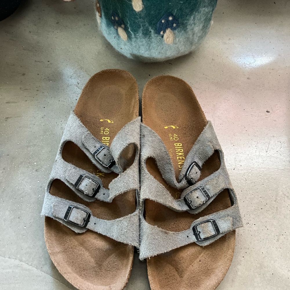 Birkenstock Gray/Blue Suede Triple-Strap Sandals